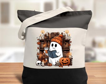 Ghost Book Lover Tote Bag – Spooky Halloween Canvas Bag