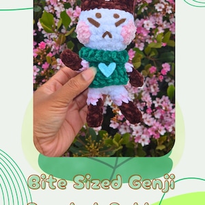Puede incluir: Una muñeca de conejo de ganchillo hecha a mano con orejas y extremidades marrones, una cara blanca con mejillas rosas y un suéter verde con un corazón azul. El texto "Bite Sized Genji Crochet Pattern" se muestra debajo.