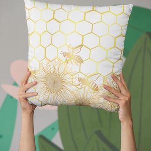 Honeycomb Sunflower Pillow, Cozy Home Décor, Floral Throw Pillow, Gold Bee Decor, Bee Gift Housewarming Gift, Decorative Cushion