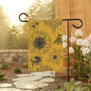 Bee Garden Flag, Bee House Banner, Bee Home Decor, Bee Garden Sign, Bee Flag, Sunflower Decoration, Spring Decor, Seasonal Yard Art