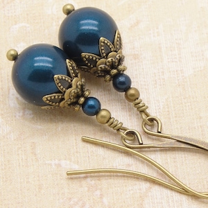Victorian Jewelry Dangle Earrings with Petrol Blue Manmade Crystal Pearls n