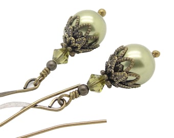 Pearl Dangle Earrings in the Neo Victorian Jewelry Style with Antiqued Brass and Olive Green Manmade Crystal Pearls
