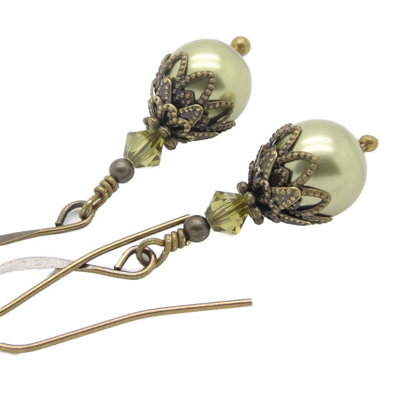 Pearl Dangle Earrings in the Neo Victorian Jewelry Style with Antiqued Brass and Olive Green Manmade Crystal Pearls