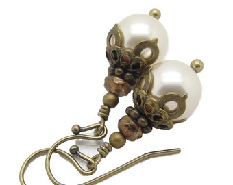 Neo Victorian Earrings with Cream Manmade Crystal Pearl Dangle and Antiqued Brass