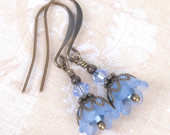 Victorian Style Blue Lucite Flower Earrings that are Handmade in Oregon USA