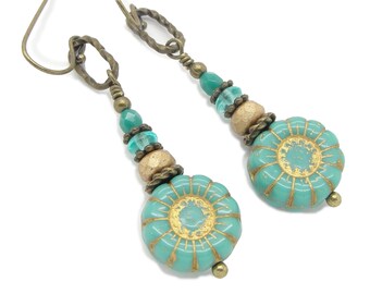 Sunflower Earrings in Turquoise Blue Glass in the Neo Victorian Jewelry Style with Antiqued Brass