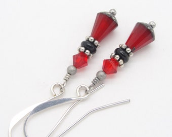 Small Boho Red and Black Teardrop Earrings in Antique Silver Plate and Sterling Silver Earwires