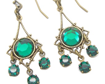 Small Retro Chandelier Earrings with Emerald Green Manmade Crystal Rhinestones