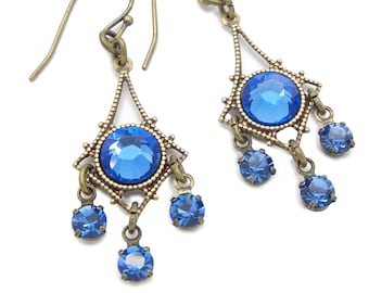 Small True Blue Chandelier Earrings in a Boho Victorian Style with Sapphire Manmade Crystal Rhinestones