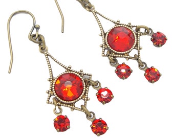 Red Chandelier Earrings with Manmade Crystal Rhinestones in the Neo Victorian Style