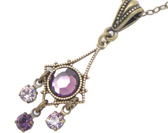 Purple Dangle Necklace in Brass Chandelier Style with Amethyst Manmade Crystal Rhinestones