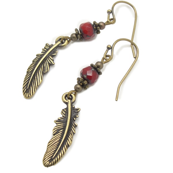 Long Boho Red Bead Earrings with Feather Dangles in Antiqued Brass and Czech Glass