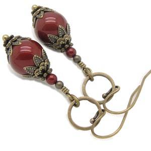 Red Victorian Earrings with Maroon or Burgundy Manmade Crystal Pearls in a Romantic Old Fashioned Style N