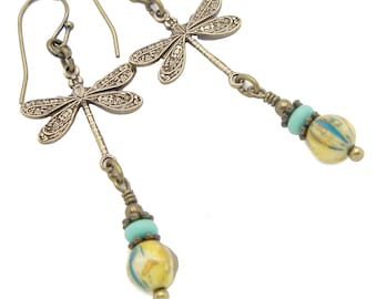 Handmade Boho Turquoise Blue Dragonfly Earrings with Rustic and Earthy Glass Beads