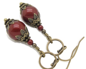 Earrings Handmade in the Victorian Jewelry style with Wine Red Manmade Crystal Pearls