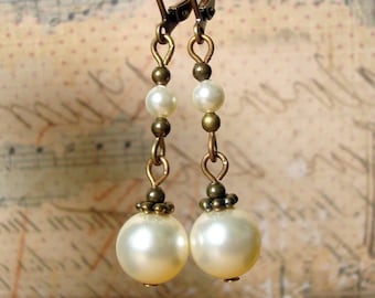 Neo Victorian Jewelry Style Handmade Earrings with Brass and Cream Manmade Crystal Pearls n
