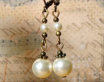 Neo Victorian Jewelry Style Handmade Earrings with Brass and Cream Manmade Crystal Pearls