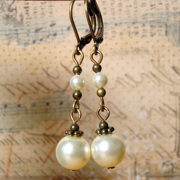 Neo Victorian Jewelry Style Handmade Earrings with Brass and Cream Manmade Crystal Pearls