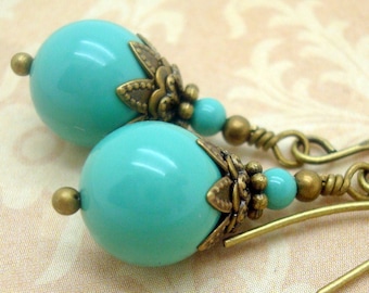 Crystal Pearl Earrings in Jade or Turquoise Color with Antiqued Brass in Art Nouveau Style n