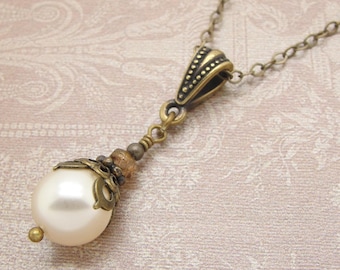 Cottage Core Necklace with Cream Crystal Pearl Dangle and Antiqued Brass