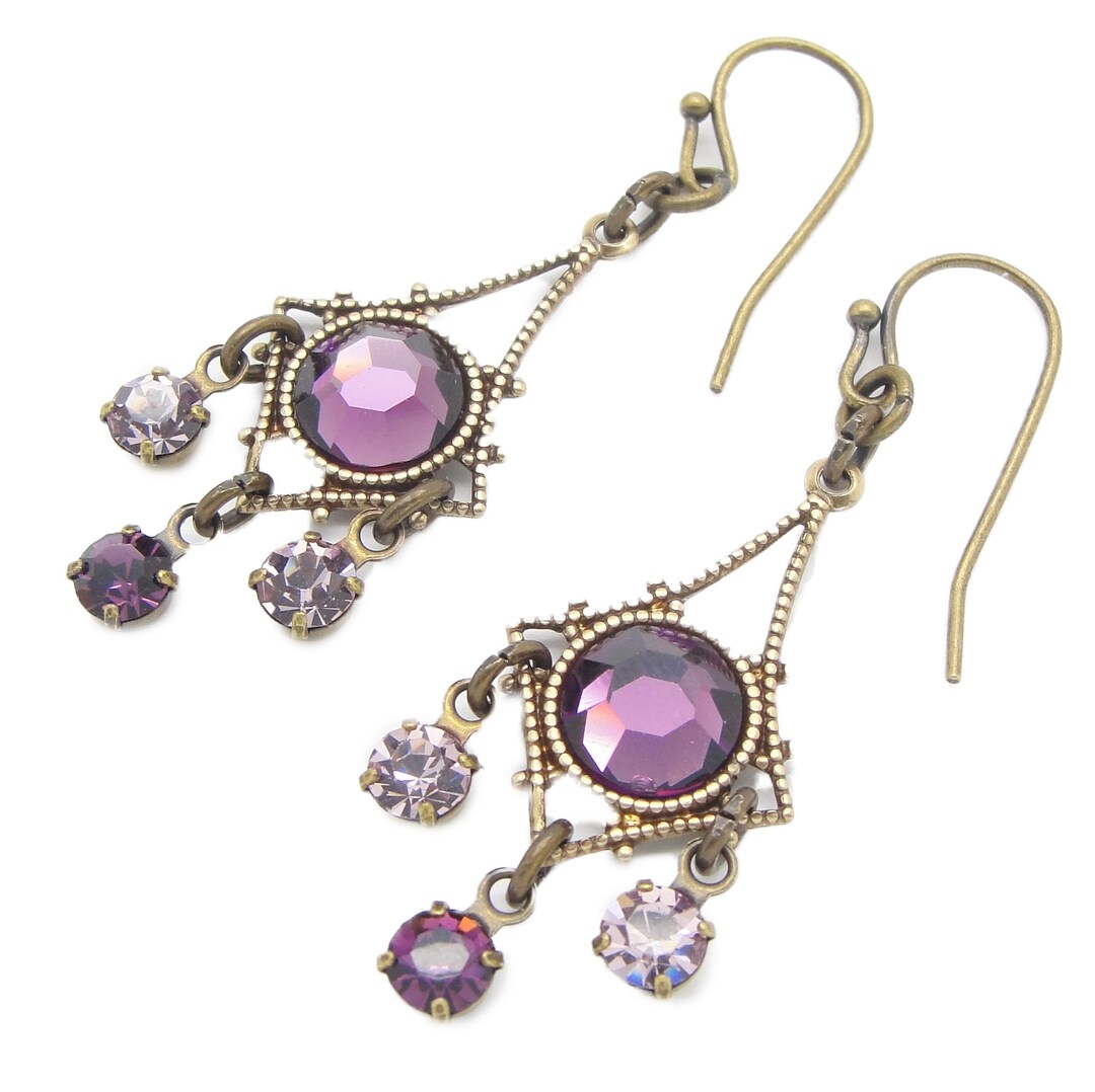 Purple Dangle Earrings in a Small Brass Chandelier Style With Amethyst