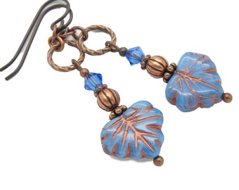 Denim Blue Leaf Earrings with Manmade Crystals and Antiqued Copper Metal with Niobium Earwires