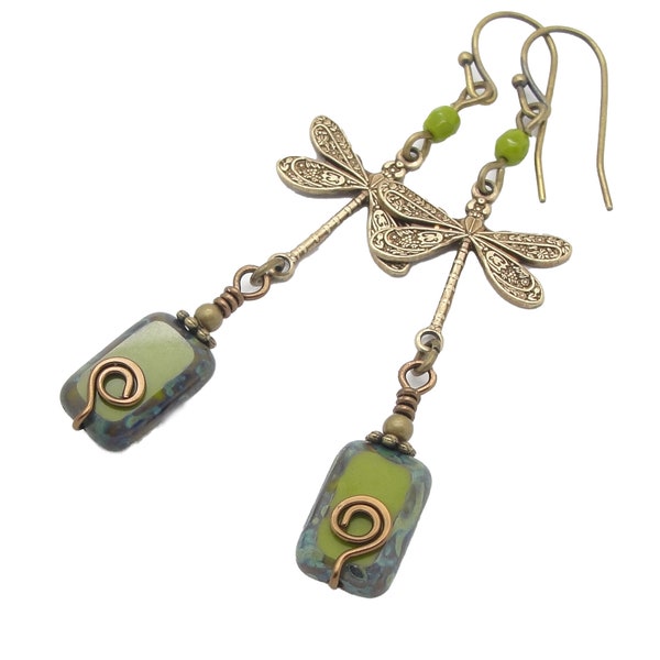 Chartreuse Green Dragonfly Earrings and Handmade Spiral in Boho Chic Style