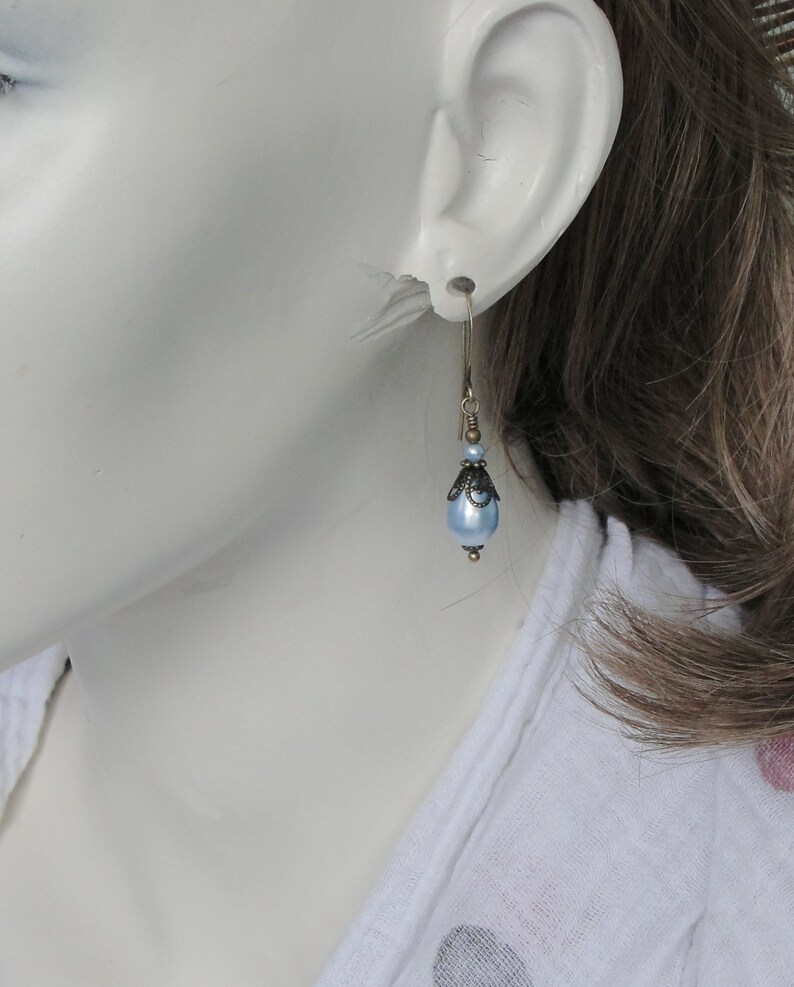 Victorian Earrings with Blue Manmade Crystal Teardrop Pearls in an Edwardian Style s image 2