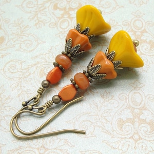 Terra Cotta and Mustard Yellow Flower Earrings with Czech Glass Beads and Antiqued Brass