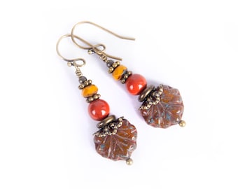 Brown Rust and Mustard Yellow Boho Leaf Earrings with Metal Discs and Antiqued Brass with Brass or Niobium Earwires