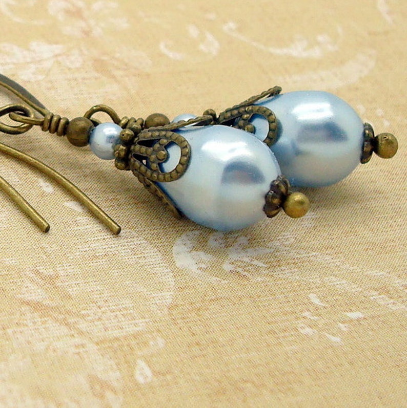 Victorian Earrings with Blue Manmade Crystal Teardrop Pearls in an Edwardian Style s image 5