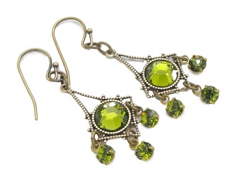 Rhinestone Chandelier Earrings in Manmade Olive Green Crystals in the Neo Victorian Style