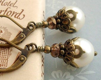 Cottagecore Earrings with Cream Manmade Crystal Pearl Dangle and Antiqued Brass