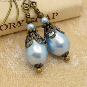 Victorian Earrings with Blue Manmade Crystal Teardrop Pearls in an Edwardian Style s image 8