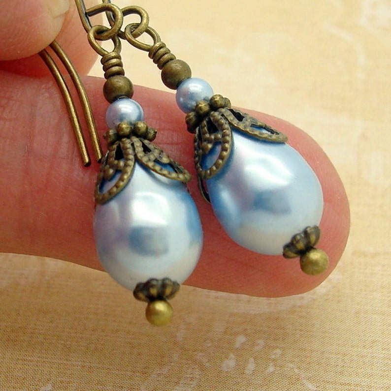 Victorian Earrings with Blue Manmade Crystal Teardrop Pearls in an Edwardian Style s image 7