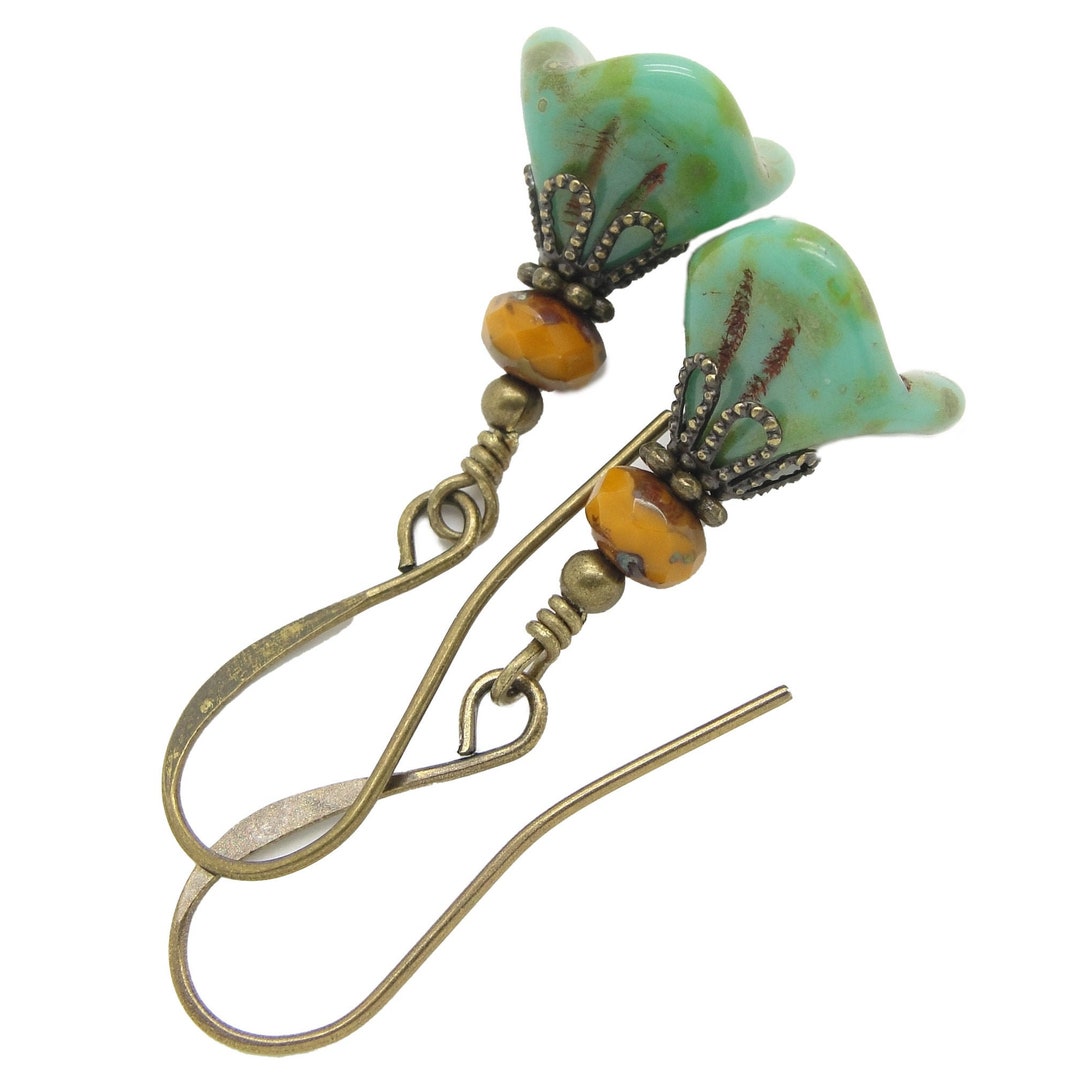 Small Bohemian Earrings in Sulphur Yellow and Turquoise Blue Glass ...