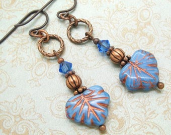 Denim Blue Leaf Earrings with Manmade Crystals and Antiqued Copper Metal with Niobium Earwires
