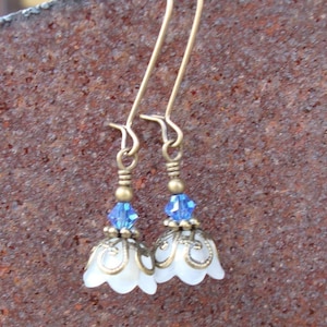Victorian or Boho Style Earrings in Lily of the Valley Type Flower that are Handmade in America w White Flowers and Sapphire Blue Crystals n