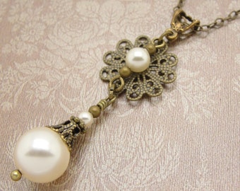 Victorian Style Necklace with Cream Manmade Crystal Pearls and Brass Filigree s