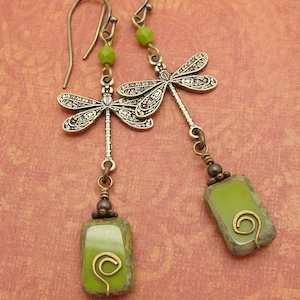 Chartreuse Green Dragonfly Earrings and Handmade Spiral in Boho Chic Style