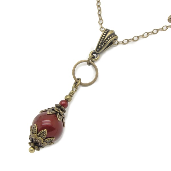 Red Victorian Necklace with Manmade Crystal Pearls in Bordeaux Wine Color in Your Choice of Length