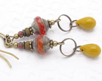 Orange and Yellow Boho Style Saucer Earrings with Rustic Glass Beads