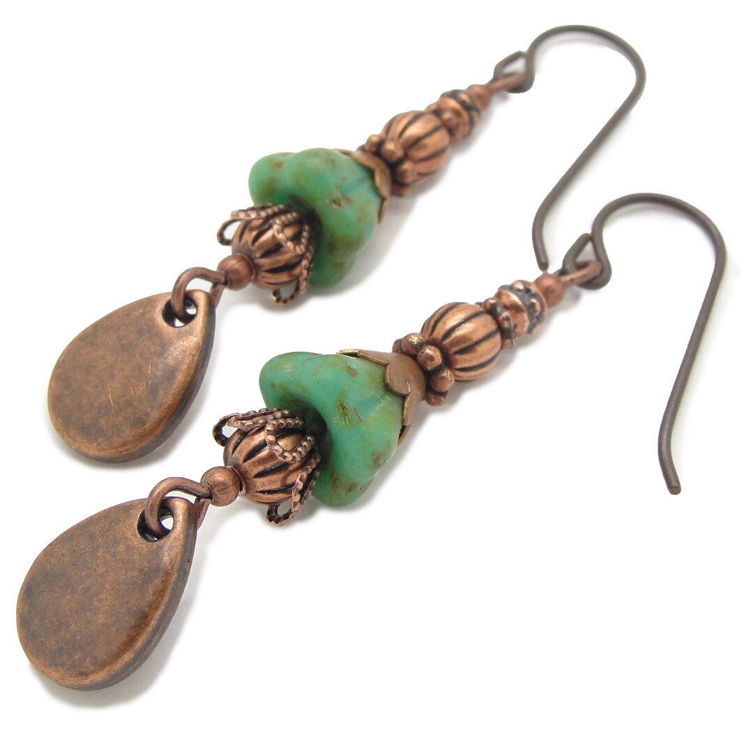 Antiqued Copper Earrings With Turquoise Green Glass Flower Beads and