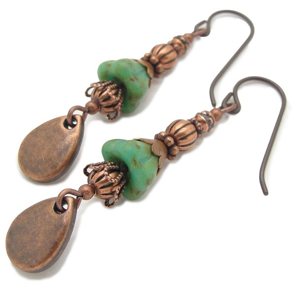 Antiqued Copper Earrings with Turquoise Green Glass Flower Beads and Niobium Earwires Made in the Boho Style by Cloud Cap Jewelry
