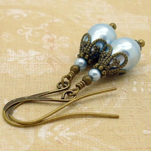 Victorian Earrings with Blue Manmade Crystal Teardrop Pearls in an Edwardian Style s image 3