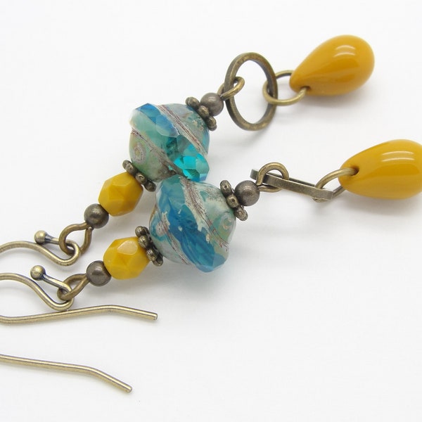 Sulphur Yellow Bohemian Earrings with and Aqua Blue and Toffee Colored Glass Beads