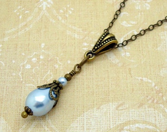 Victorian Necklace with Blue Manmade Crystal Teardrop Pearls in an Edwardian Style s