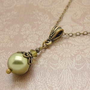 Pearl Dangle Necklace in the Neo Victorian Jewelry Style with Antiqued Brass and Olive Green Manmade Crystal Pearl