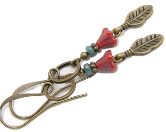 Long Boho Blue and Red Flower Earrings with Feather Dangles in Antiqued Brass and Czech Glass