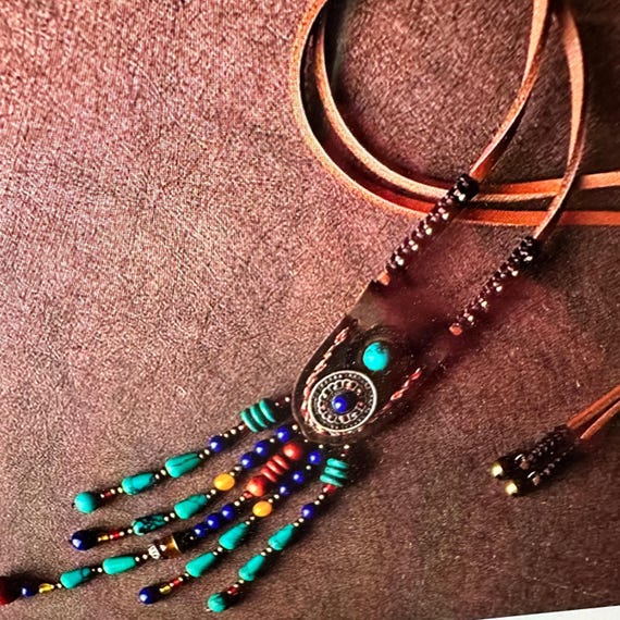 Artisan Beaded Necklace with Vintage Gemstone & Leather Fringe